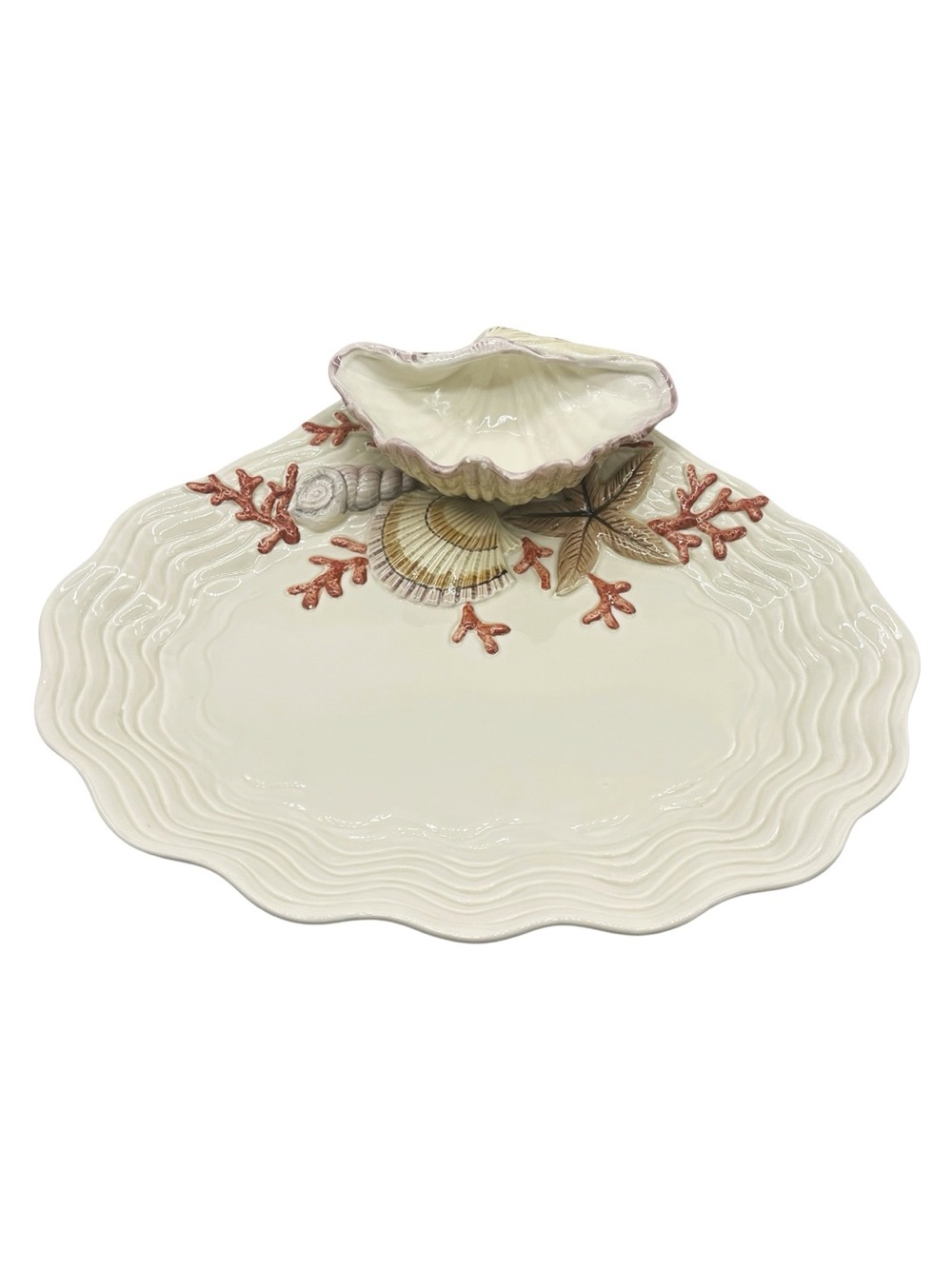 Vintage Fitz and Floyd 1989 Discontinued Coral Shell Nautical Large Chip Dip